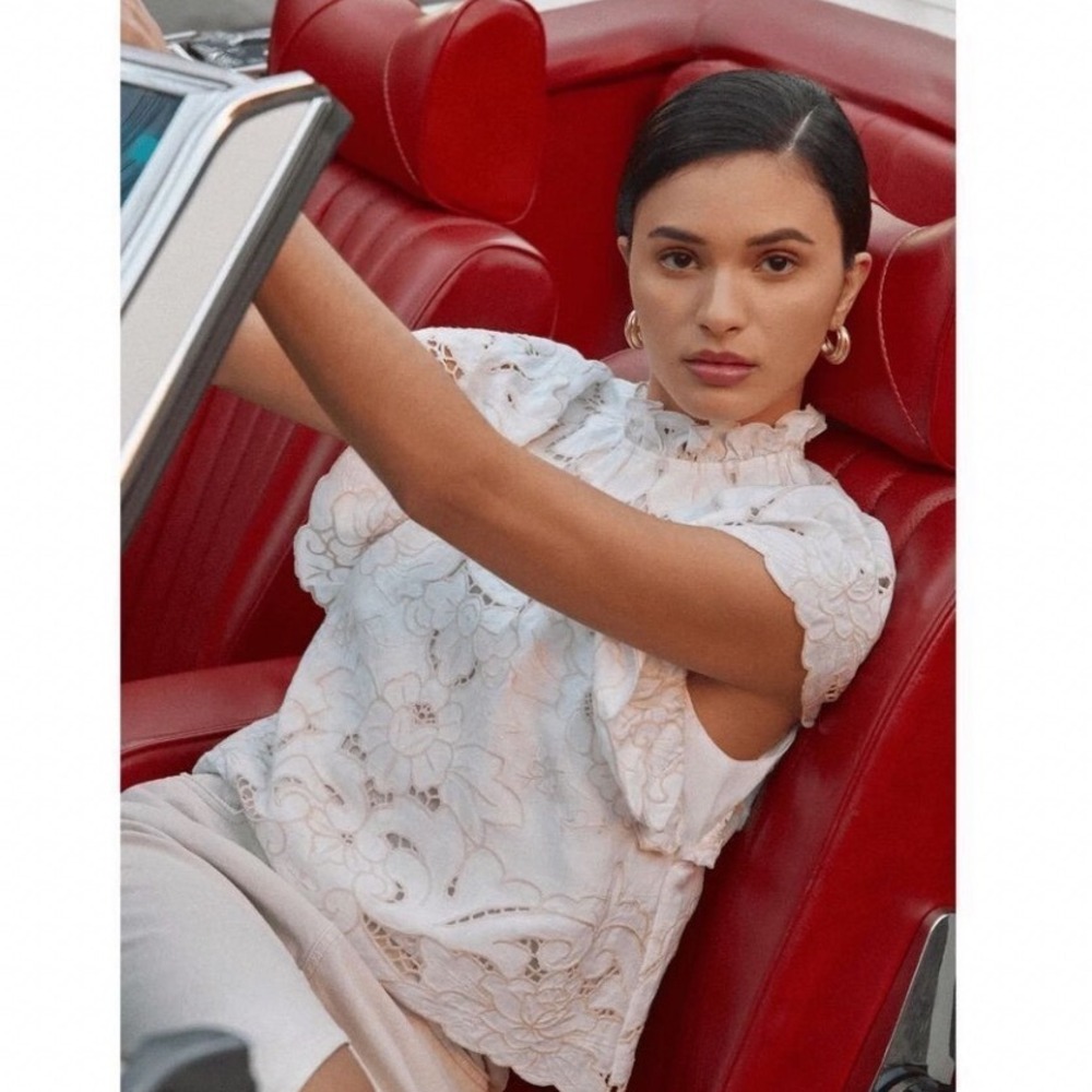 Anthropologie Lainie Blouse White Lace Cutwork Flutter‎ Sleeve Linen Top XL NWT - Picture 2 of 16